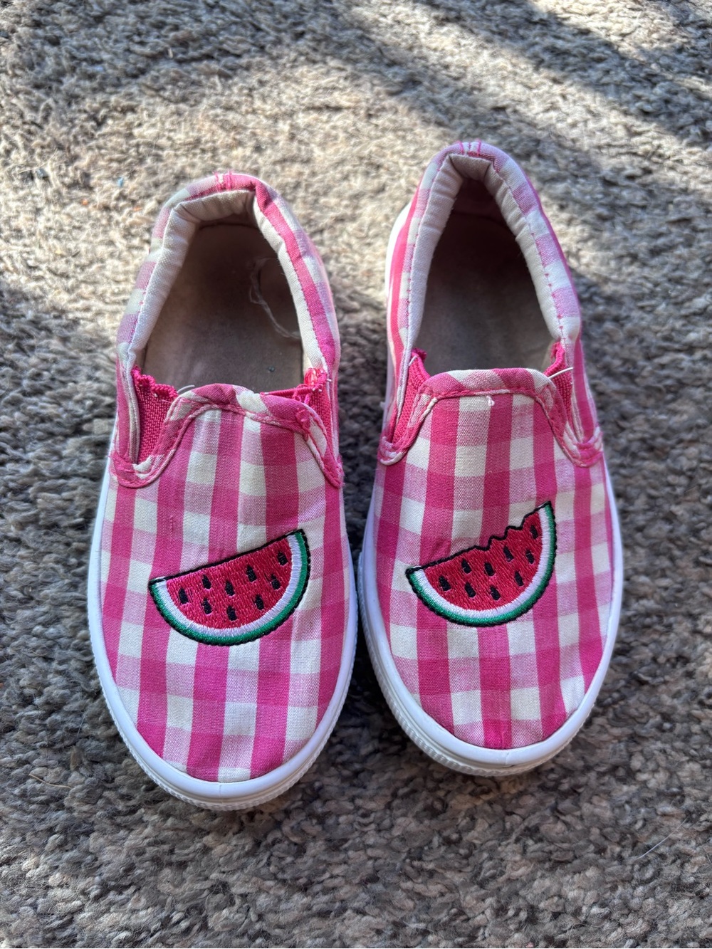 Kids Pink Gingham Slip-On Shoes with Watermelon Patch